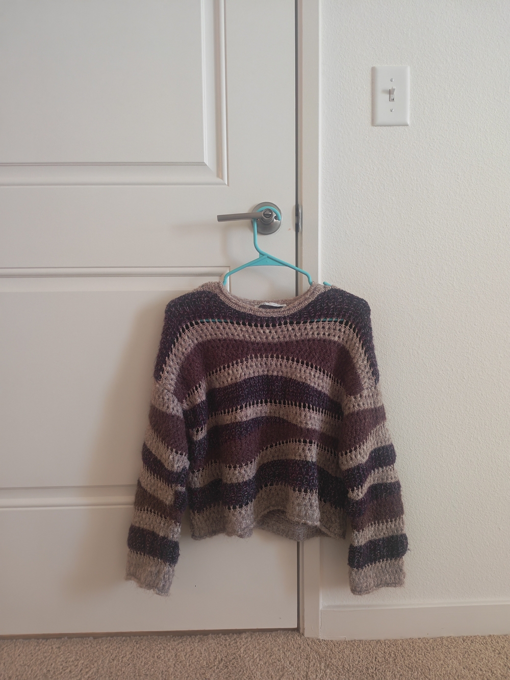 Zara Striped Open-Knit Sweater in Taupe, Plum & Charcoal